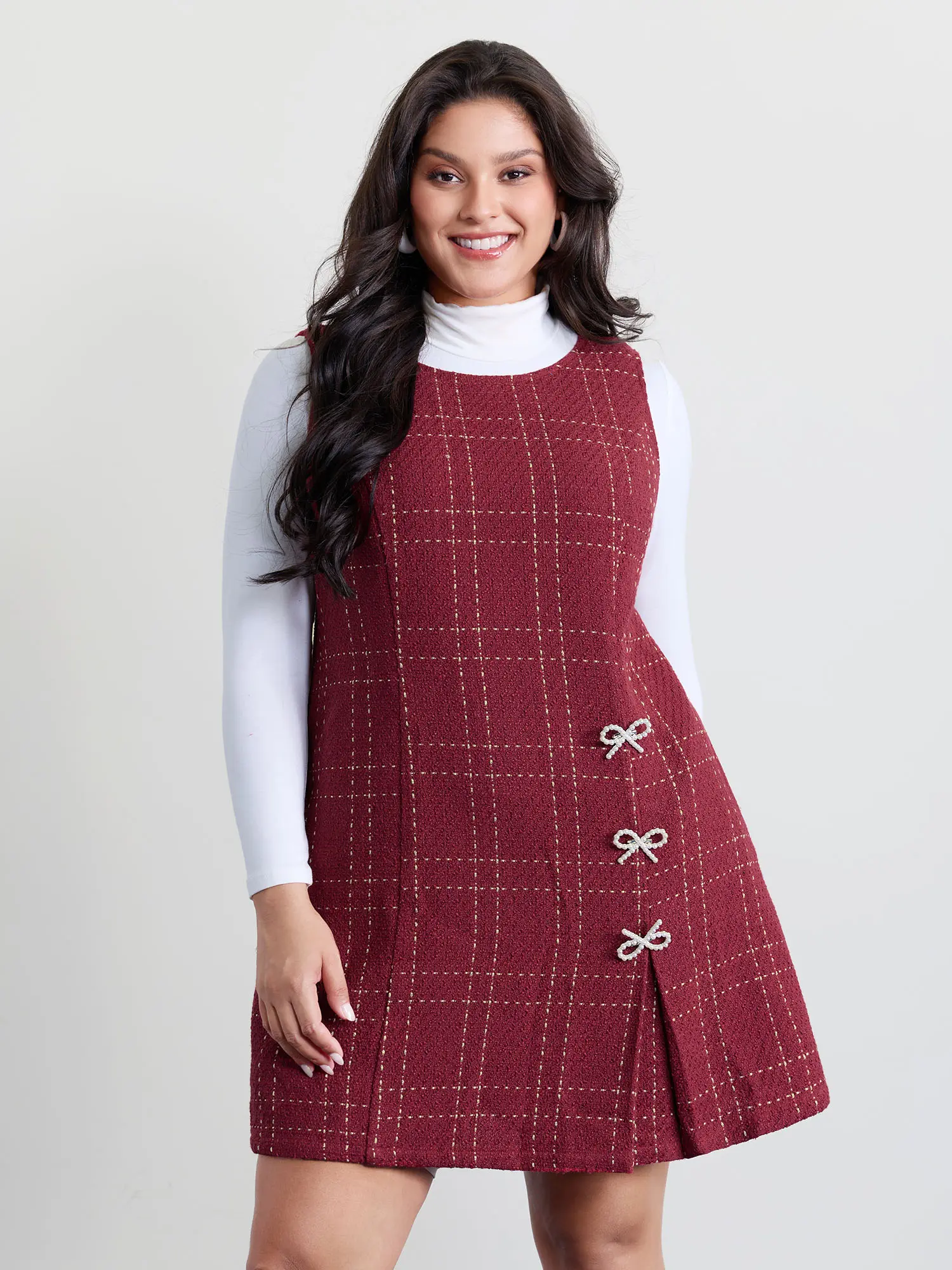 BloomChic Women's Timeless Tweed Casual Wear Dress - Sleeveless, Round Neck, Knee-Length, Textured Button Detail, Summer-Fit, Sleeveless Cut Shows Off Shoulders, Casual Days, Polished Look, Ready To Wear, Button Front, Knee-Length Dress, Regular Sizing Ma