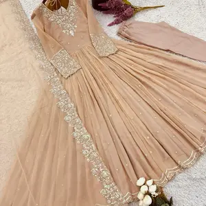 Women's peach  Indian Party Wear Anarkali Wedding Simple Casual Suit with Golden Embellishments