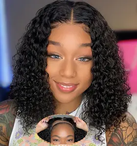 Deep Wave BOB Wig Human Hair 4x4 HD Curly BOB Lace Front Wigs Human Hair Pre Plucked Wear And Go Glueless Short Curly Frontal BOB Wigs For Black Women Wet And Wavy
