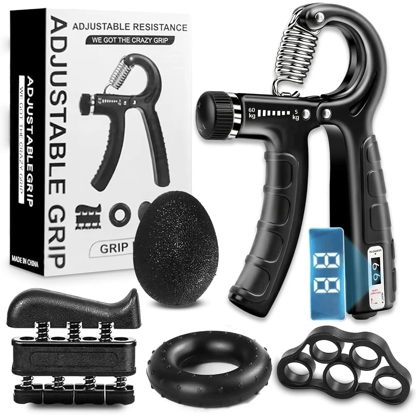 Grip Strength Trainer Kit, 6-in-1 Hand Strengthener Set with Adjustable Resistance, Black Non-Slip Rubber Forearm Exerciser for Home & Gym Sports, Travel, Stress Relief, Strength Training