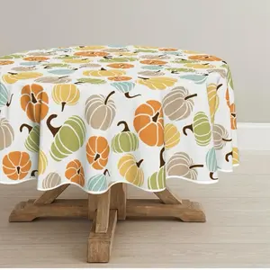 Fall Tablecloth 70x70 Inch Round Thanksgiving Autumn Harvest Orange Yellow Blue Green Colorful Pumpkins Table Cover for Party Picnic Dinner Decor