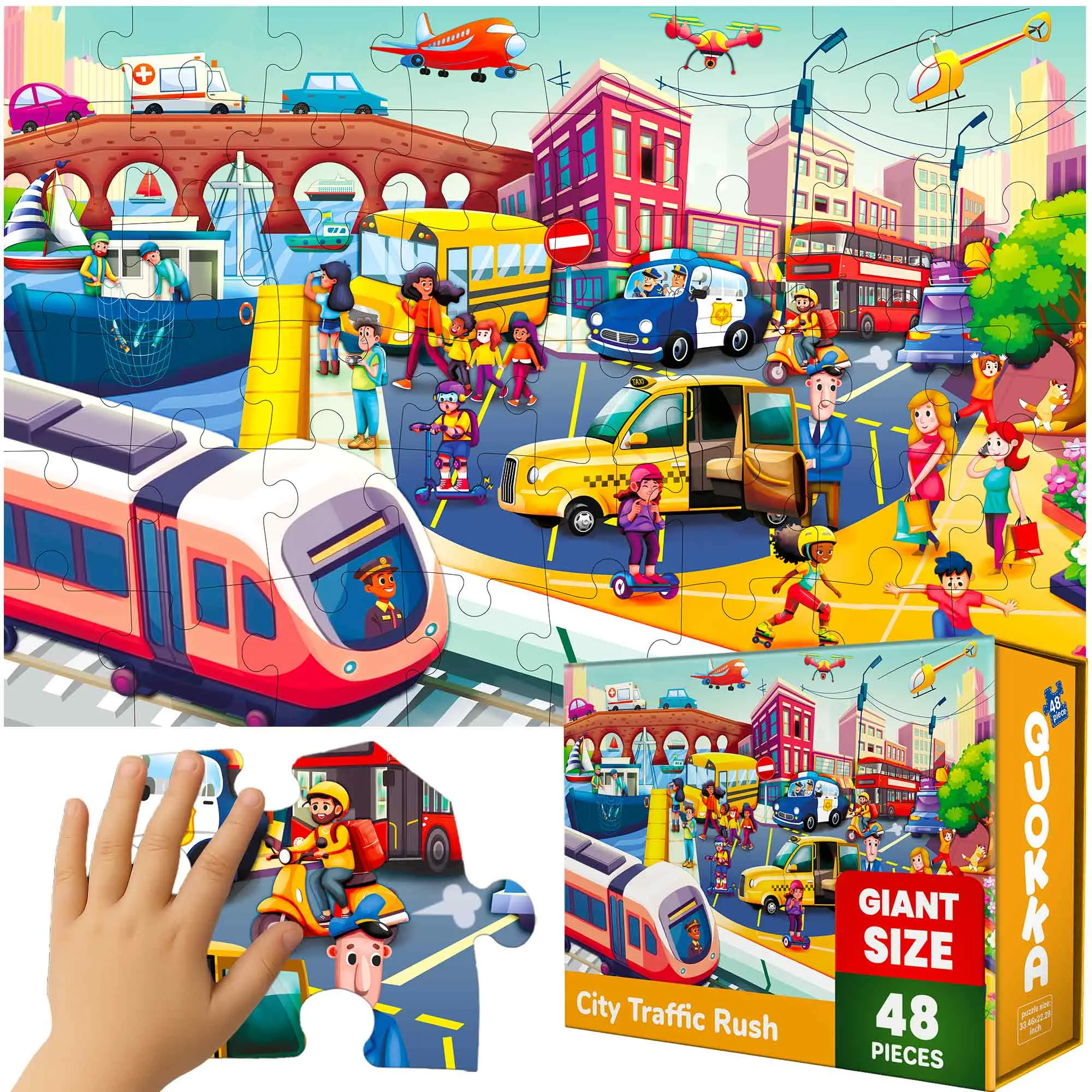 QUOKKA Giant Floor Jigsaw Puzzle for Kids - 2x3 FT City Cars Traffic Rush Theme, Challenging Learning Tool for Fine Motor, Cognitive, Memory Skills, Jigsaw Puzzles