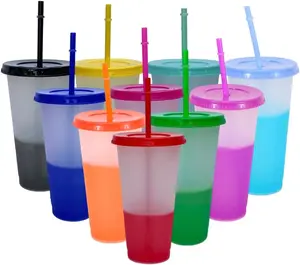 Color Changing Cups 10Pcs 24oz Plastic Tumblers With Lids and Straws for Iced Coffee Smoothie - Reusable Leak Proof Party Cups for