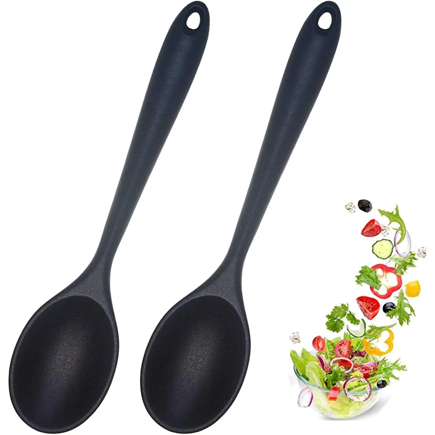 2-piece Silicone Non-stick Stirring Spoons, Heat-resistant Silicone Cooking Spoons, Kitchen Cooking Baking Stirring Serving Utensils (Black)