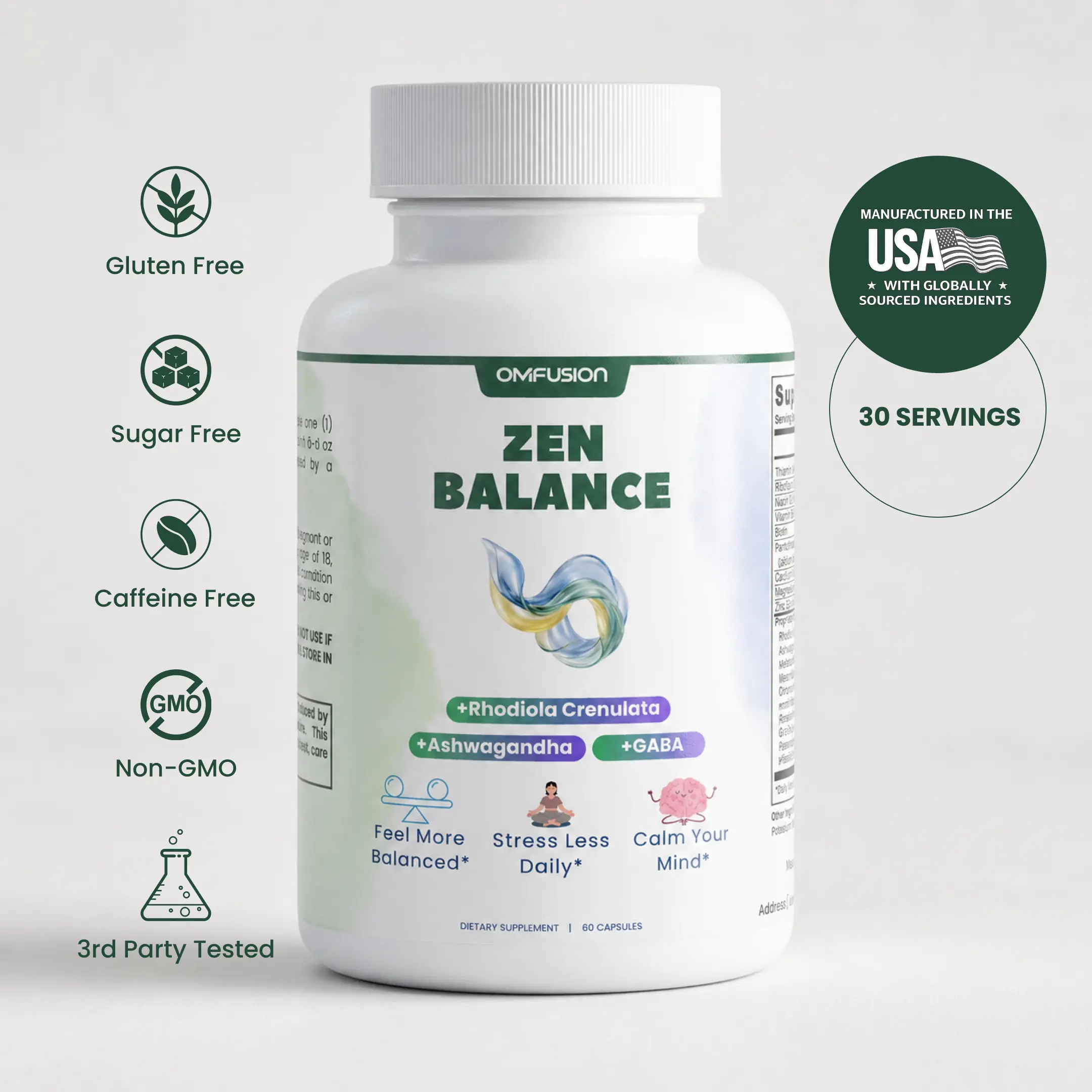 OM FUSION Zen Balance Calm and Mood Support Capsules with Ashwagandha, Rhodiola, GABA, L-Theanine and Magnesium