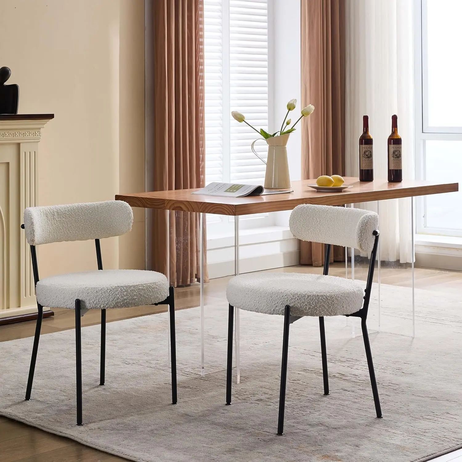 Beige Boucle Dining Chairs Set of 2, Round Upholstered Dining Chairs with Curved Backrest and Black Metal Legs, Mid-Century Modern Dining Room Chairs for Kitchen, Living Room
