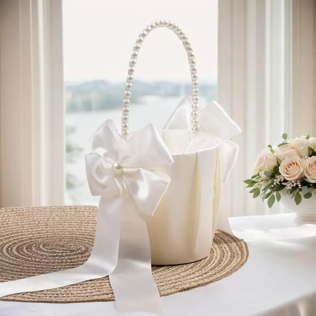 Wedding Flower Basket, Lace Wedding Basket, Cute Pearl Handle Bowknot, Satin Ribbon Design, Ivory, Smooth, Decor, Decorative Baskets