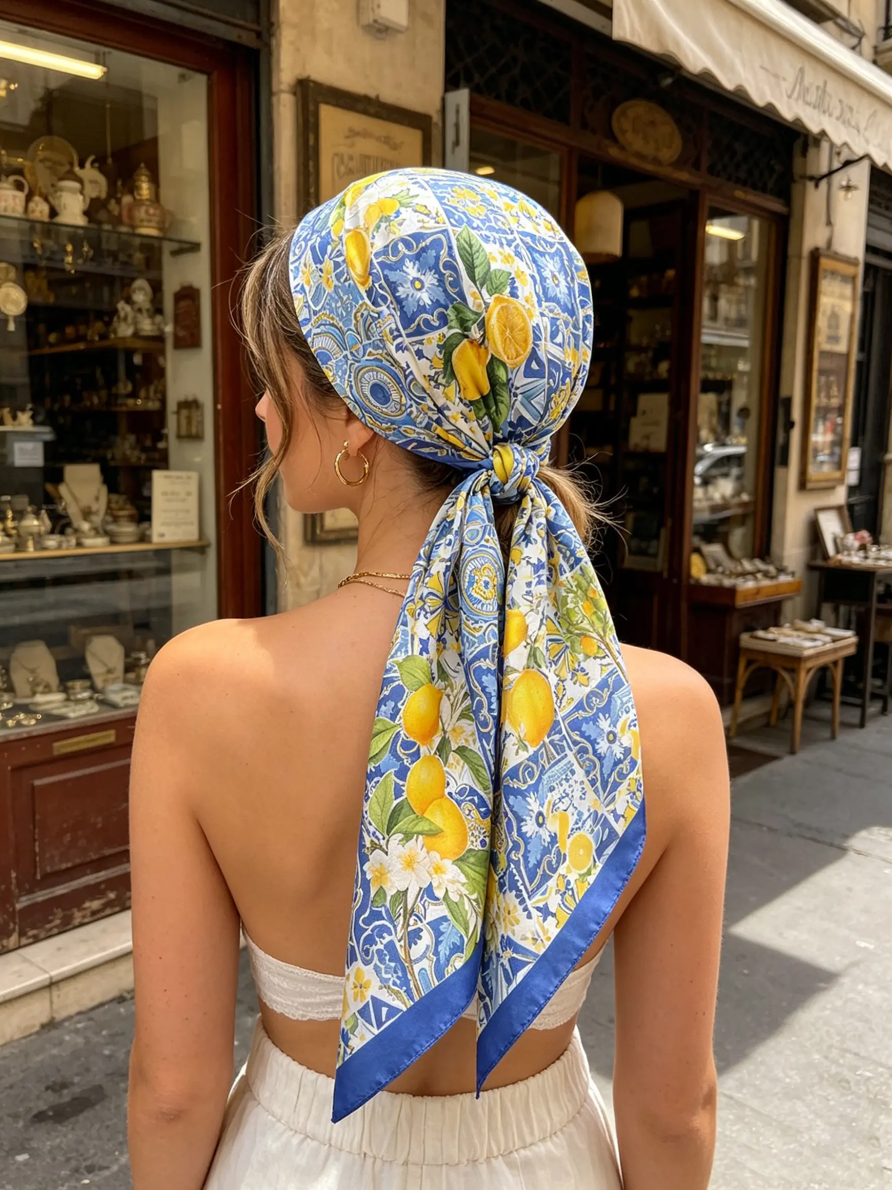 Vintage Lemon Print Patchwork Summer Scarf, Printed Polyester Scarf, Floral Headscarf, Silk-Like Material, Multi-Functional Shawl/cape/bandana, Ideal for Travel, Beach, Daily Commute