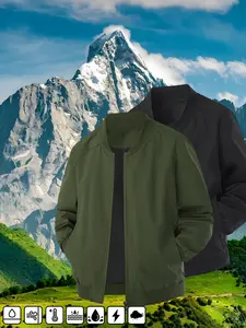 Men's Solid Color Sport Jacket, Fall & Winter Warm Outdoor Coat, Hiking Running Fitness Wear, Zipper Pockets Design