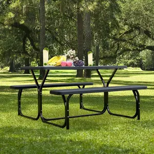 HDPE Outdoor Picnic Table Bench Set With Metal Base-Black