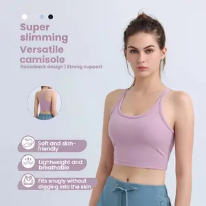 Women’s high-support sports bra—slimming, racerback design for yoga; soft, skin-friendly feel with a second-skin effect and built-in padding. Non-restrictive fitness tank top suitable for everyday workouts, gym sessions, and running training.