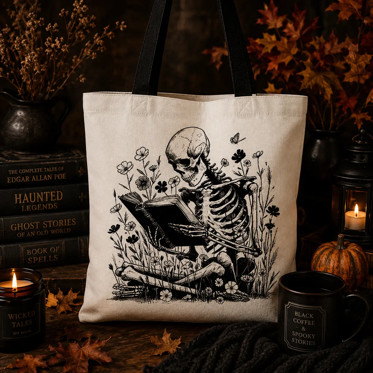 Gothic Reading Skeleton Canvas Tote Bag – Book Lover Shoulder Bag
