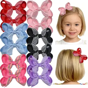 4.5 Inch 6 PCS Double layered Checkered Plaid Hair Bow Clip Checkered Hair Barrettes Clips Grosgrain Ribbon Pigtail Bowknot Barrettes for Little Girls