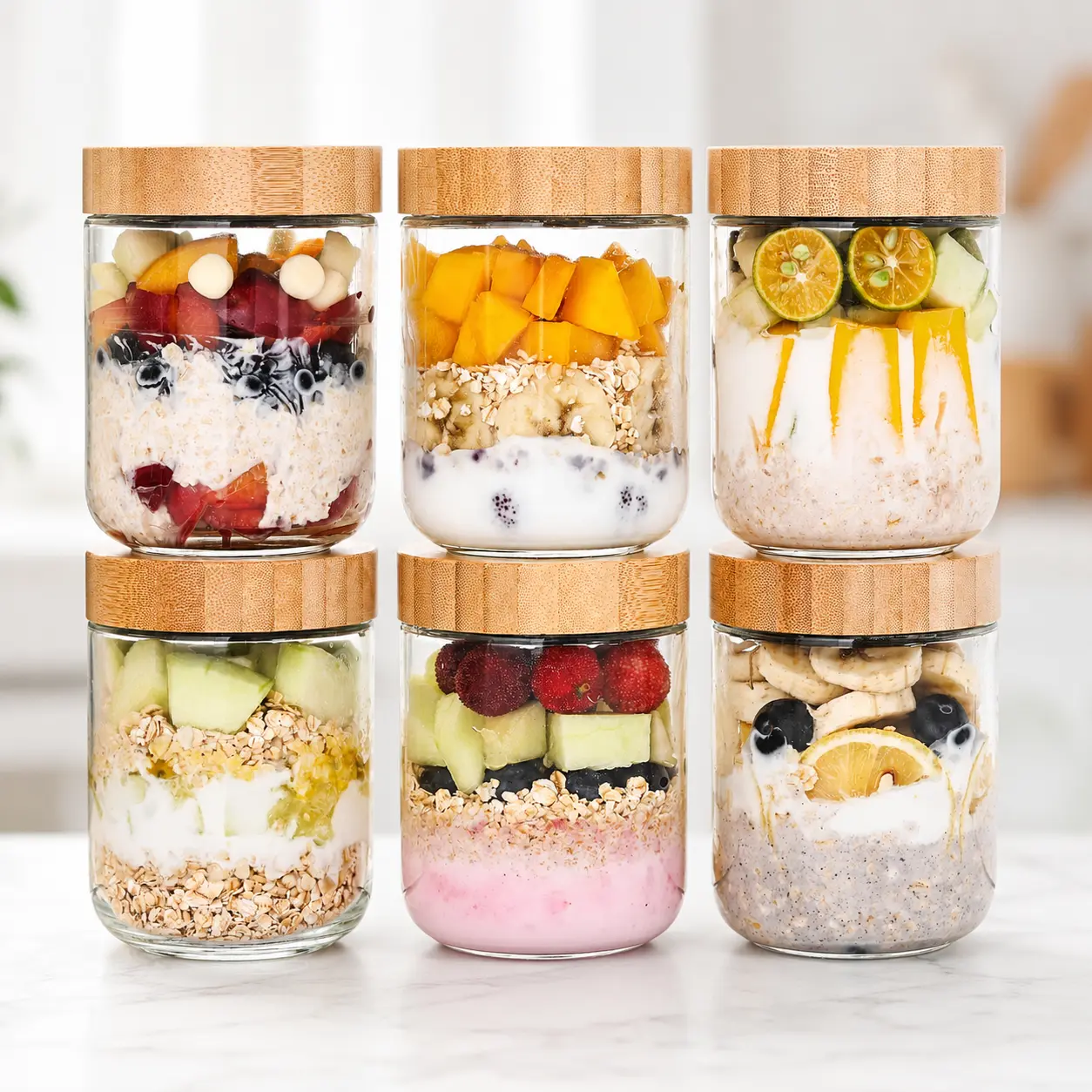 6-Piece Set Glass Bamboo Airtight Leak-Proof 16oz Wide Mouth Kitchen Canister Jars, Meal Prep Containers for Overnight Oats Food Storage