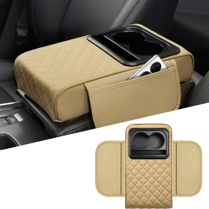 Car center console armrest pillow, leather memory foam, car armrest box cover with storage bag, waterproof elbow protector accessories, universal beige, car armrest storage box, Car Armrest Cushion, Armrest Cover For Car