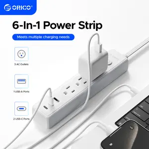 ORICO PW-3A1U2C 25FT Flat Extension Cord, 6-in-1 Power Strip with 3 AC Outlets, 1 USB-A & 2 USB-C Ports, Multiple Protection, Compact for Home & Office-PW