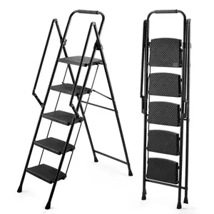 Black 5-Step Folding Steel Ladder Stool 18.11x35.00x63.90 Inch Anti-Slip Wide Pedals Sponge Handle 330LBS Load Capacity Lightweight Portable Space-Saving for Home Kitchen Indoor Outdoor Use,summervibes