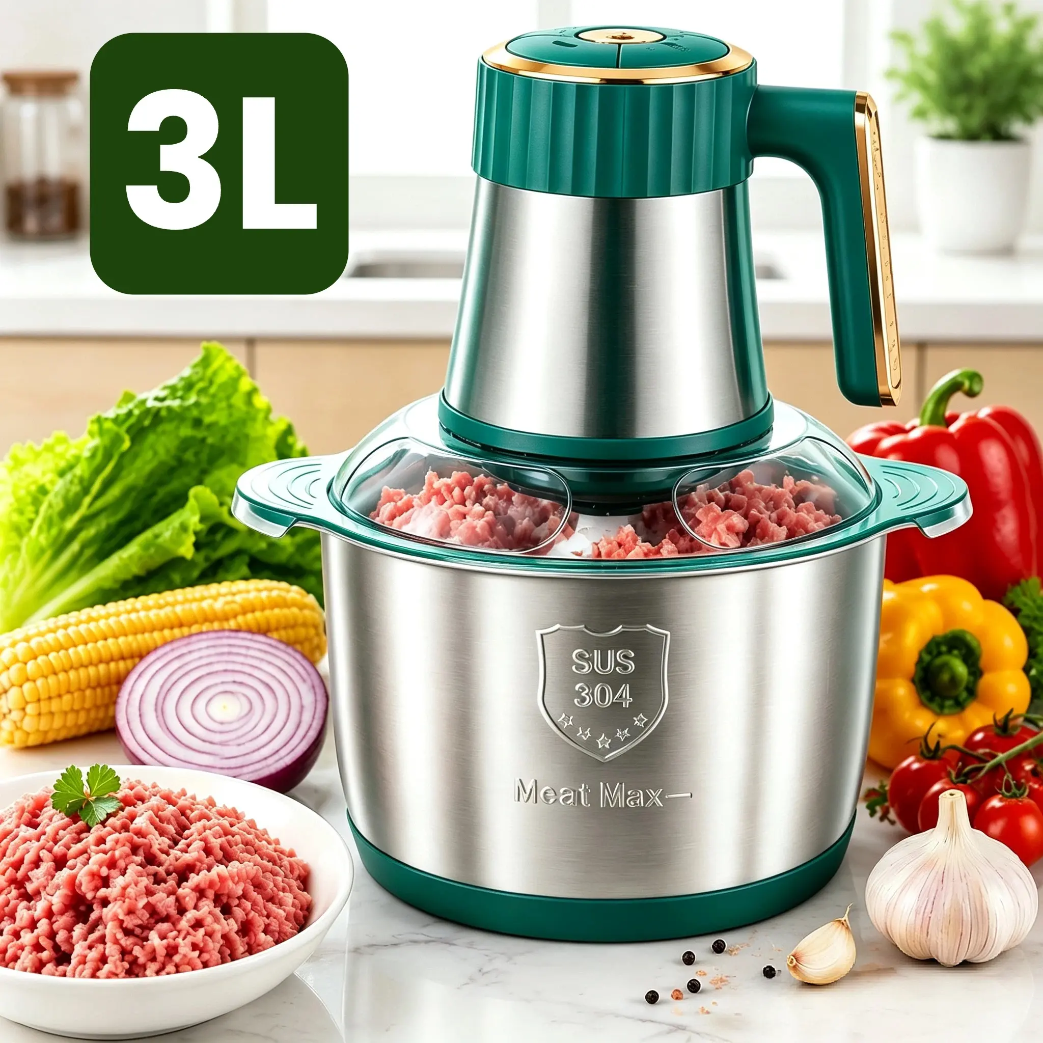 3L Stainless Steel Meat Grinder & Baby Food Maker - Dishwasher Safe Blades & Large Bowl, Powerful 500W Copper 5-Speed Motor for Homemade Meat/Vegetable/Dough Family Cooking