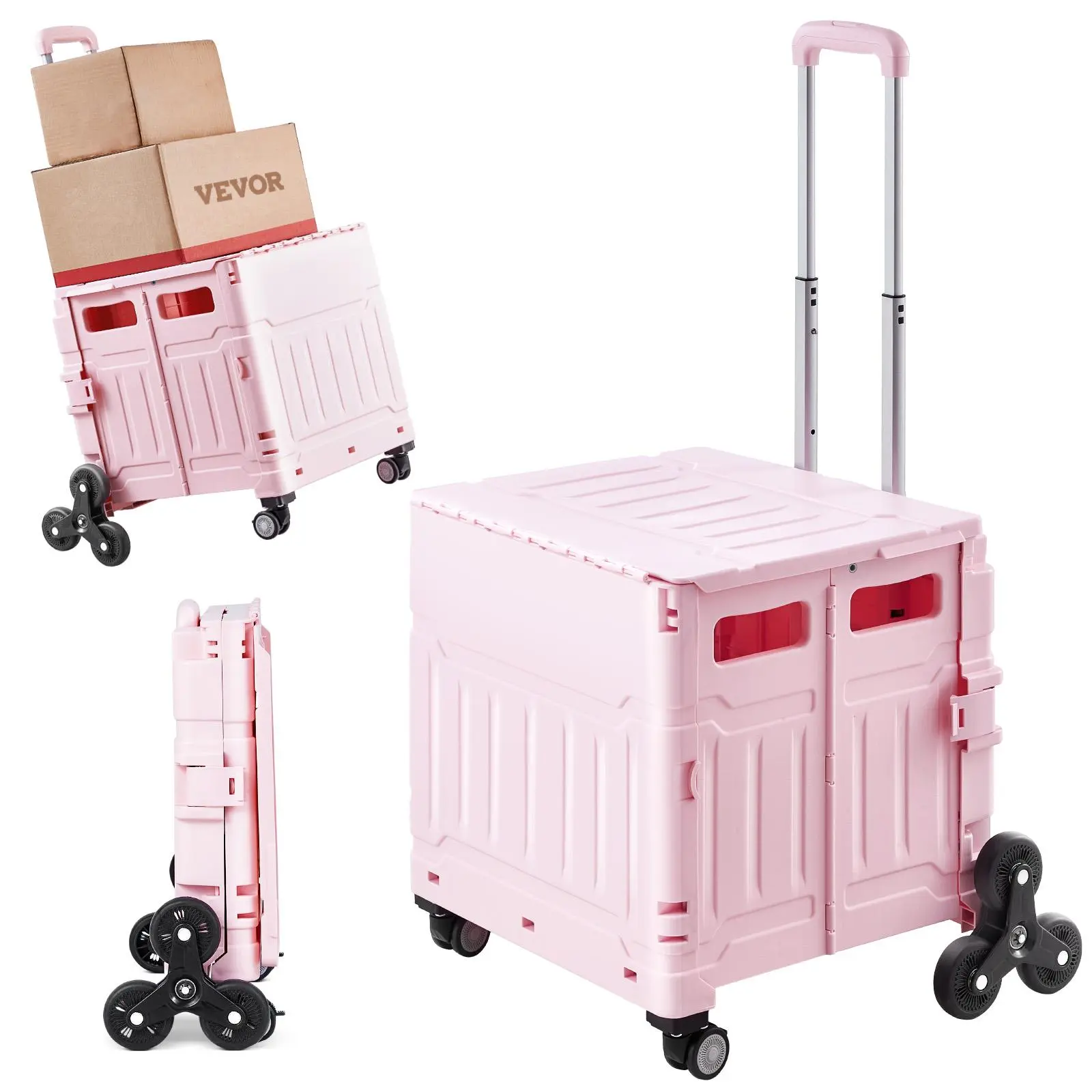 【Backtoschool】VEVOR Foldable Utility Cart, 65L Collapsible Portable Crate Rolling Cart with Stair Climbing Wheels & 360° Swivel Wheels, Hand Cart with Telescoping Handle for Shopping Office Moving Teacher, Pink