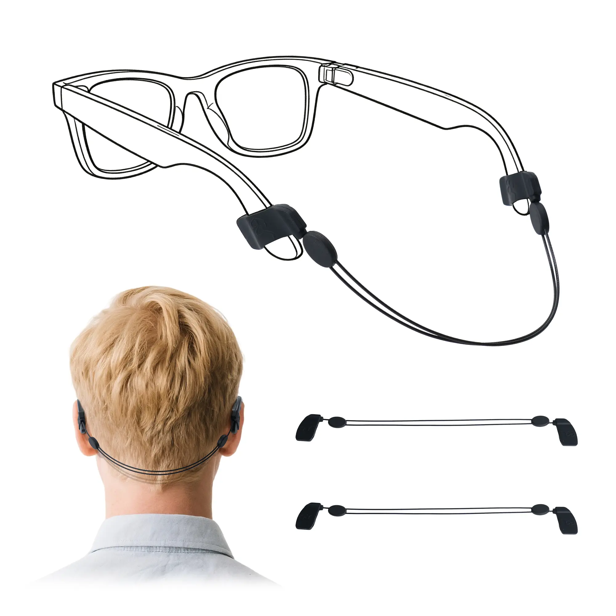 Non-Slip No-Tail Adjustable Glasses Strap, 2-Pack Practical Accessory for Kids, Easy to Attach Lightweight Sports Wear Eyeglass Strap for Outdoor Adventures & Meta Glasses, Black
