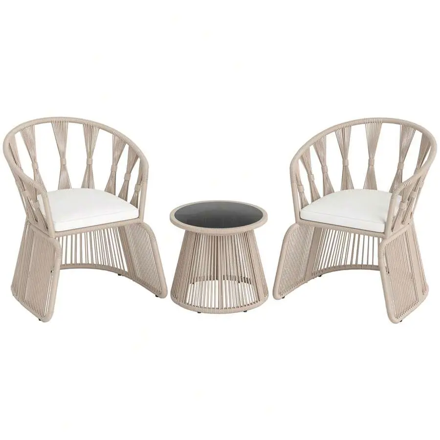 3 PCS Patio Leisure Chair  Rope-Woven Armchairs & Table  With Cushions Set Padded Toddler Bean Bag