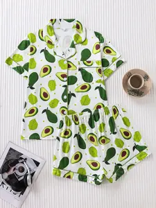 Women's Avocado Full-Print Sleepwear Set, Matching Pajama Set, Loungewear, Pjs, Sleep Pajamas Shorts, Premium Silk Satin Fabric, Smooth Comfortable Loose Fit, Short Sleeve Top and Shorts