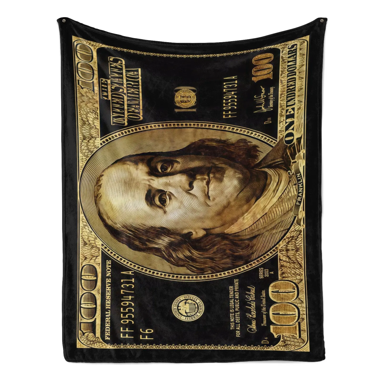 "Black Gold" $100 Bill Print Flannel Throw Blanket—hip-hop money-themed home decor perfect for the sofa, bedroom, or a dedicated personal space; an ideal gift for the hustler.