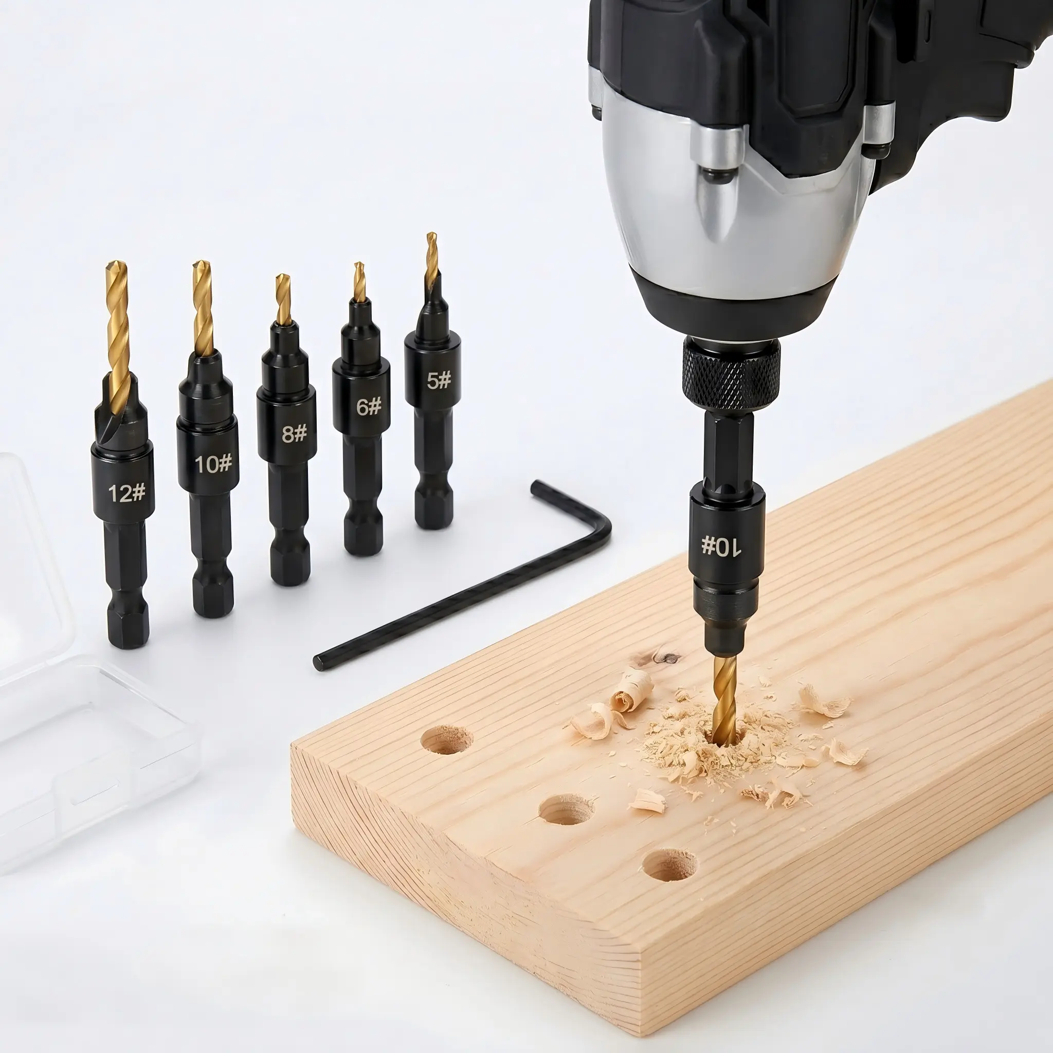 5-Pc Adjustable Countersink Drill Bit Set with Depth Stop, Professional Power Tool Accessory for Wood Drilling, Ideal Father's Day Gift