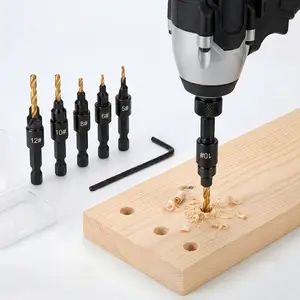 5-Pc Adjustable Countersink Drill Bit Set with Depth Stop, Professional Power Tool Accessory for Wood Drilling, Ideal Father's Day Gift