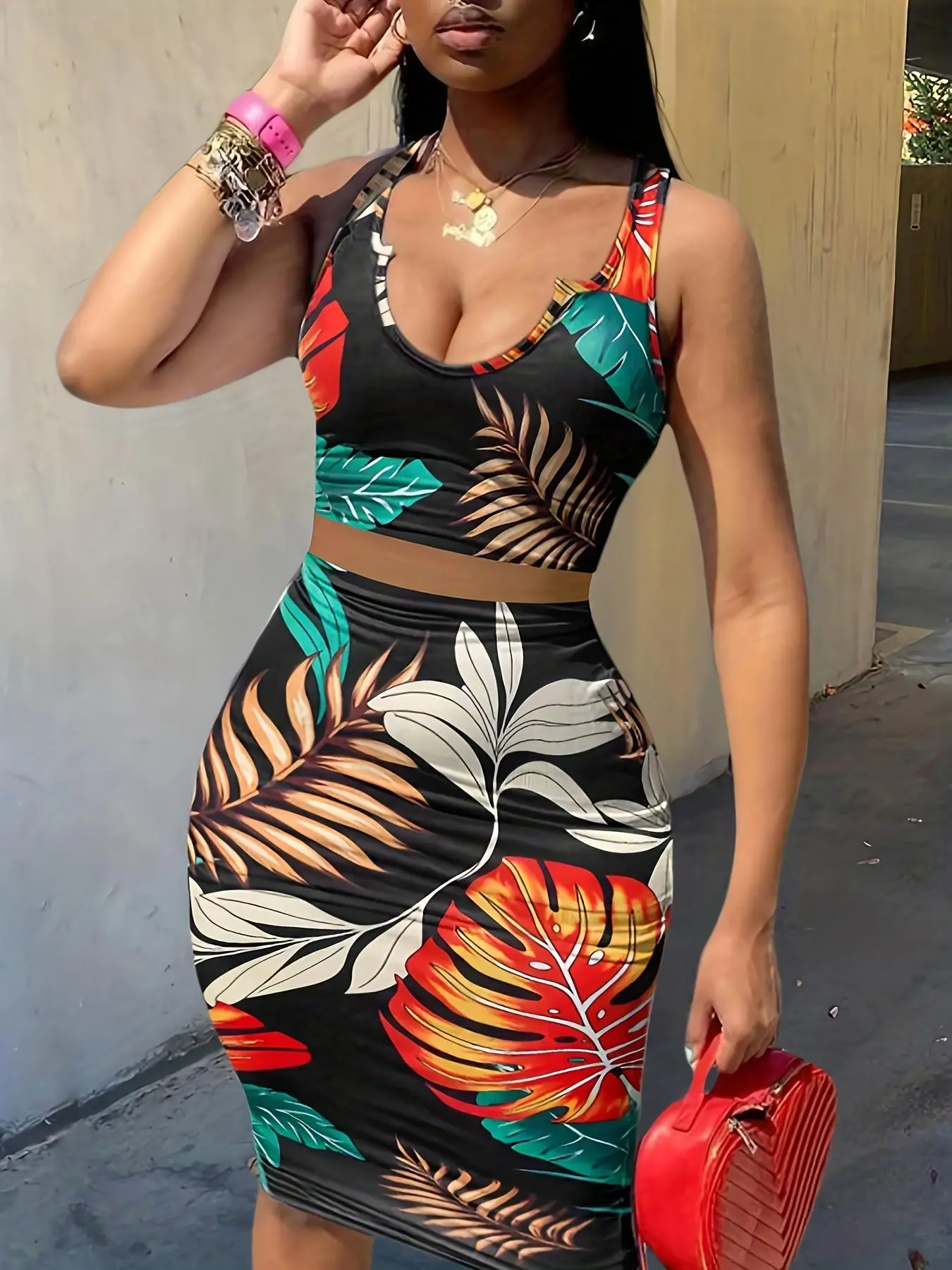 Two-Piece Women's Stylish Elegant Chic Floral Leaf Print Slim Fit Sleeveless Summer Top & Skirt Set for Daily Outings, Womenswear