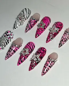 Y2K Animal Print Press-On Nails, Hot Pink Zebra Cheetah Bling Nails