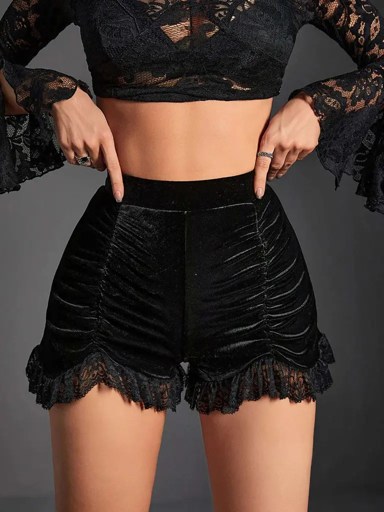 RETRO STAGE Women's Black 1970s Vintage Sweet Lace-Embellished Solid Velvet Pleated Chic Above-The-Knee Mini Shorts - Medium Stretch Fabric (95% Polyester, 5% Elastane), Vintage Womenswear Bottoms, Fashion Sohochic Fall Dresses Fall outfits Fall fashion