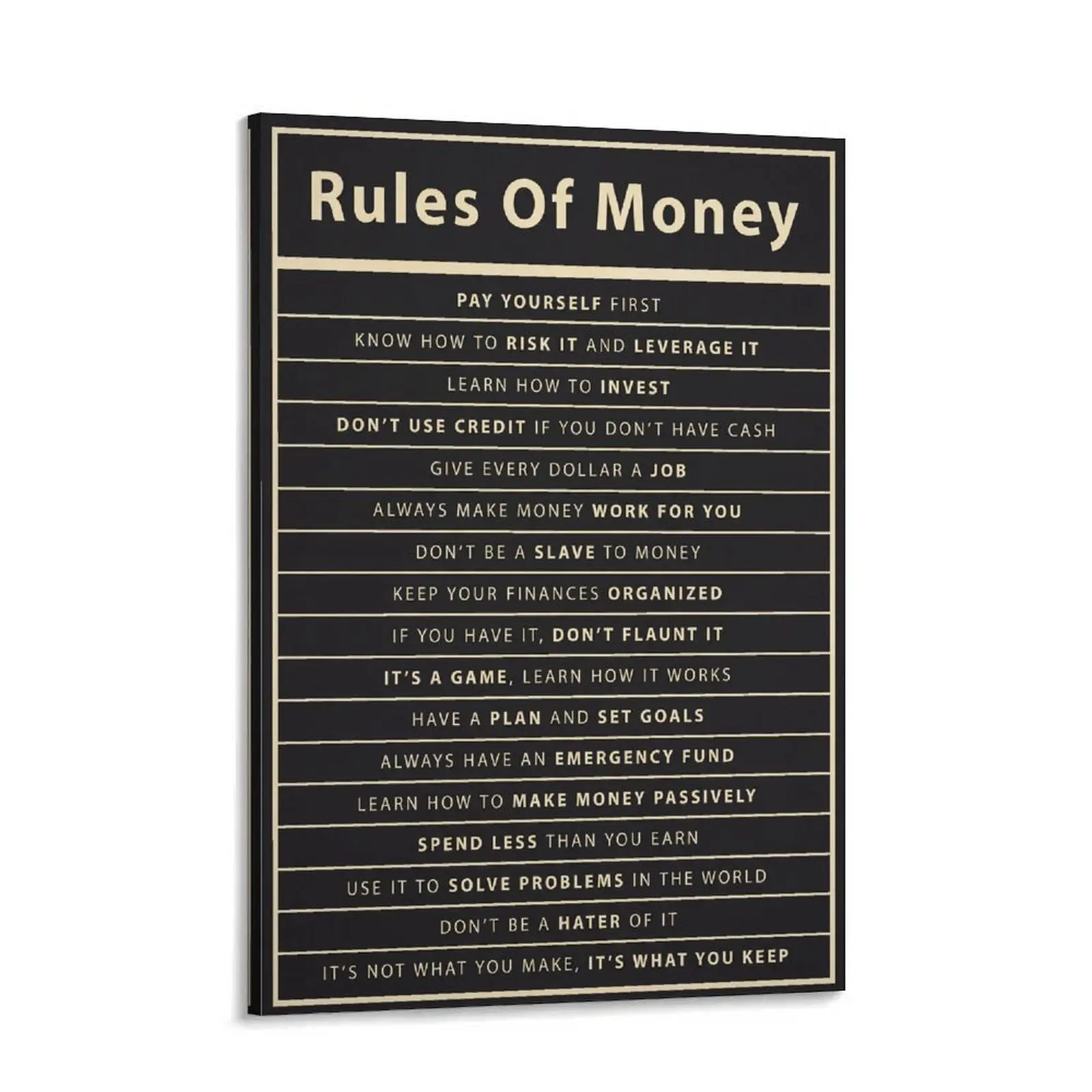 investor  art Rules Of Money Canvas  Art, living room bedroom wall decor，Financial Motivation Poster, Black Gold Typography Canvas Print, Modern Office Decor for Entrepreneurs Home Office Bedroom wavelo Wall