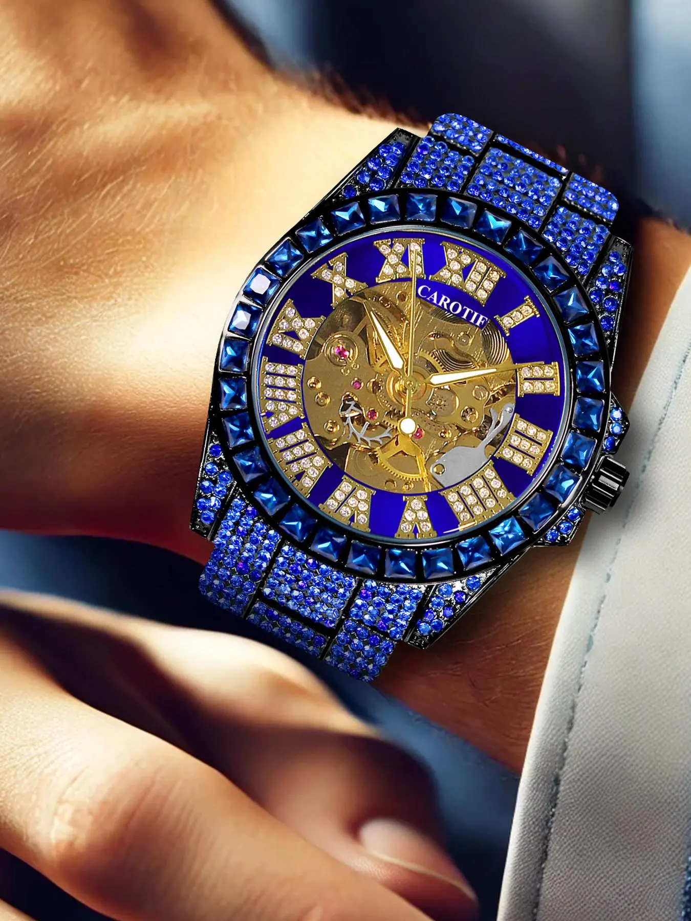 Luxury Men's Mechanical Automatic Watch with Blue Diamond Bezel & Gold Roman Numerals Waterproof Classic Design