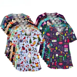 Nurse Uniforms Women Men Merry Christmas Uniforms Print Shirts Short Sleeve T-shirt Scrubs Top Working Uniforms Medical Blouse