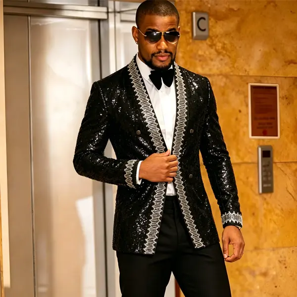 Men's Sequined Suit Blazer, Black With Silver Trim, Performance Stage Jacket For Wedding Banquet Formal Long Sleeve
