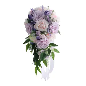 Cascading Artificial Wedding Bridal Bouquet, Taro Purple Rose & Lavender Holding Flower with Long Ribbon, Festive Party Church Decoration Photo Prop
