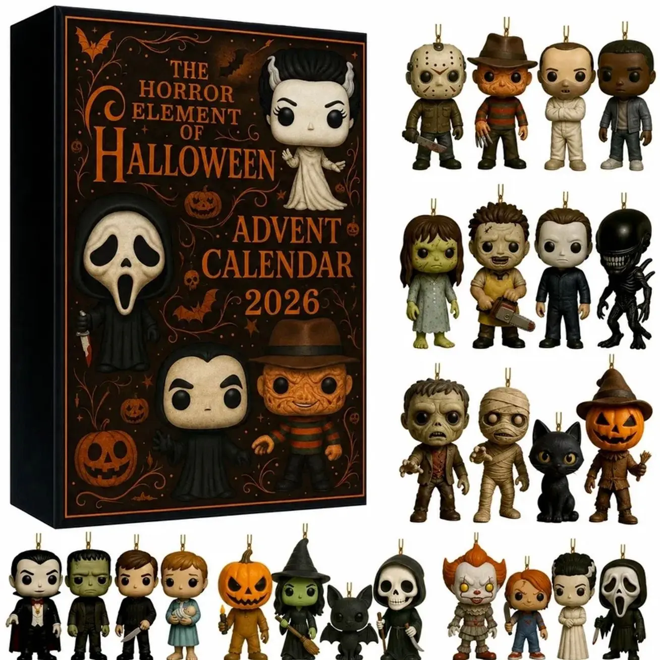 Cute Horror Movie Figure 2D Acrylic Halloween Advent Calendar 2026 Spooky Countdown Calendar Halloween Christmas Gift