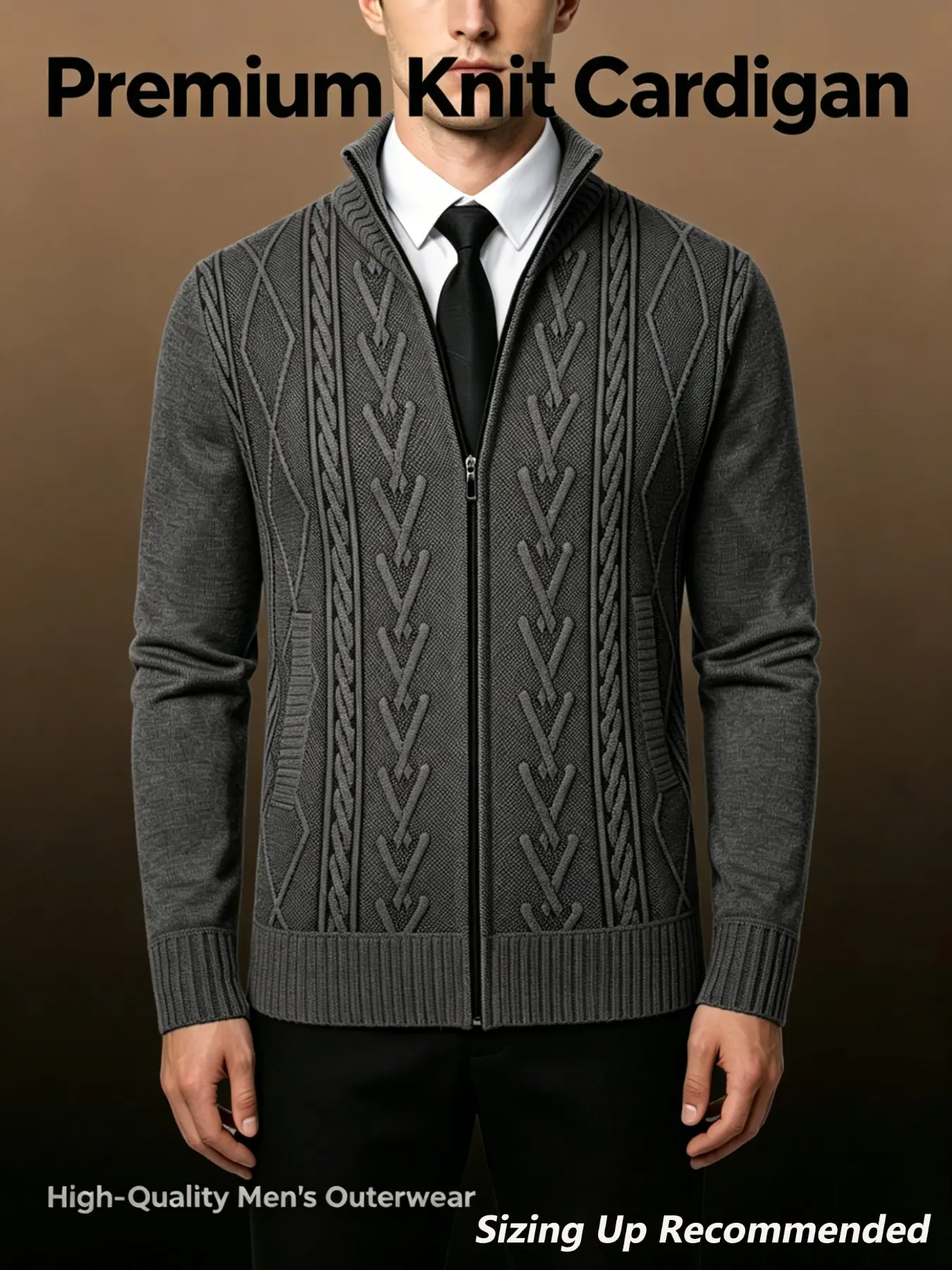 Men's Stand Collar Zipper Knit Sweater, Anti-Pilling Fabric, Classic Houndstooth Pattern, Fall & Winter Casual Wear, Versatile Layering Piece