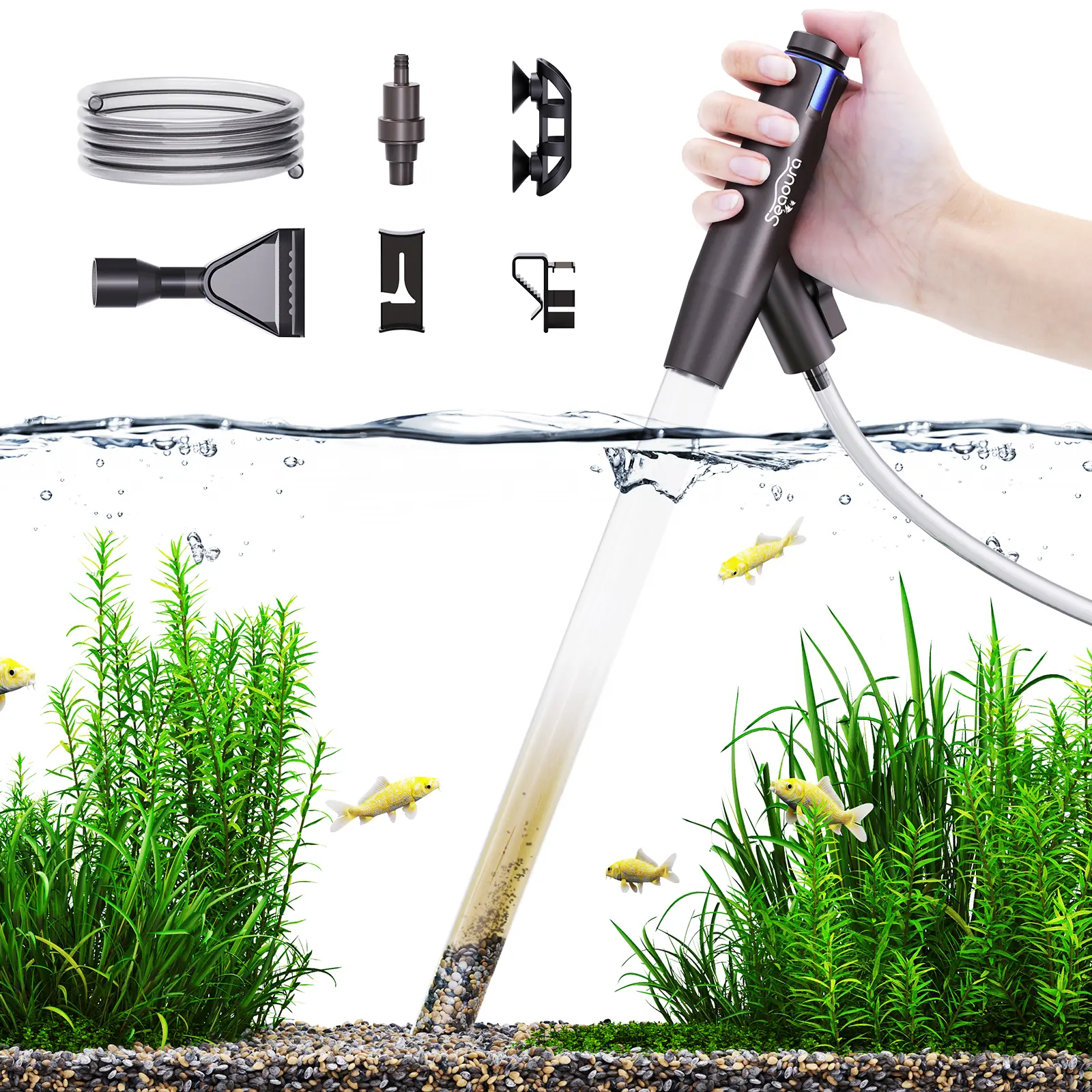 Seaoura Aquarium Vacuum Gravel Cleaner Adjustable Siphon Manual Python Water Changer with Air Push Button Water Circulation Fish Tank Vacuum Cleaning Kit for Manure Suction & Sand Washing