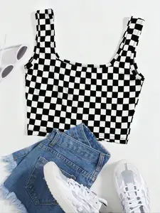 Women's Checkerboard Print Crop Tank Top, Casual Chic Sleeveless, Casual Fashion Sleeveless Round Neck Top for Daily Wear, Ladies Clothes for All Seasons