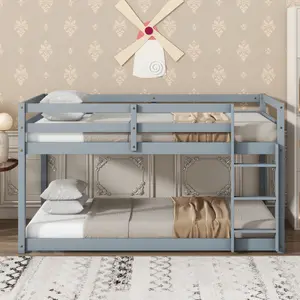 Solid Wooden, Solid Rubber Wooden Twin over Twin Floor Bunk Bed with Ladder, with Bed Platform of Strengthened Slats , Grey