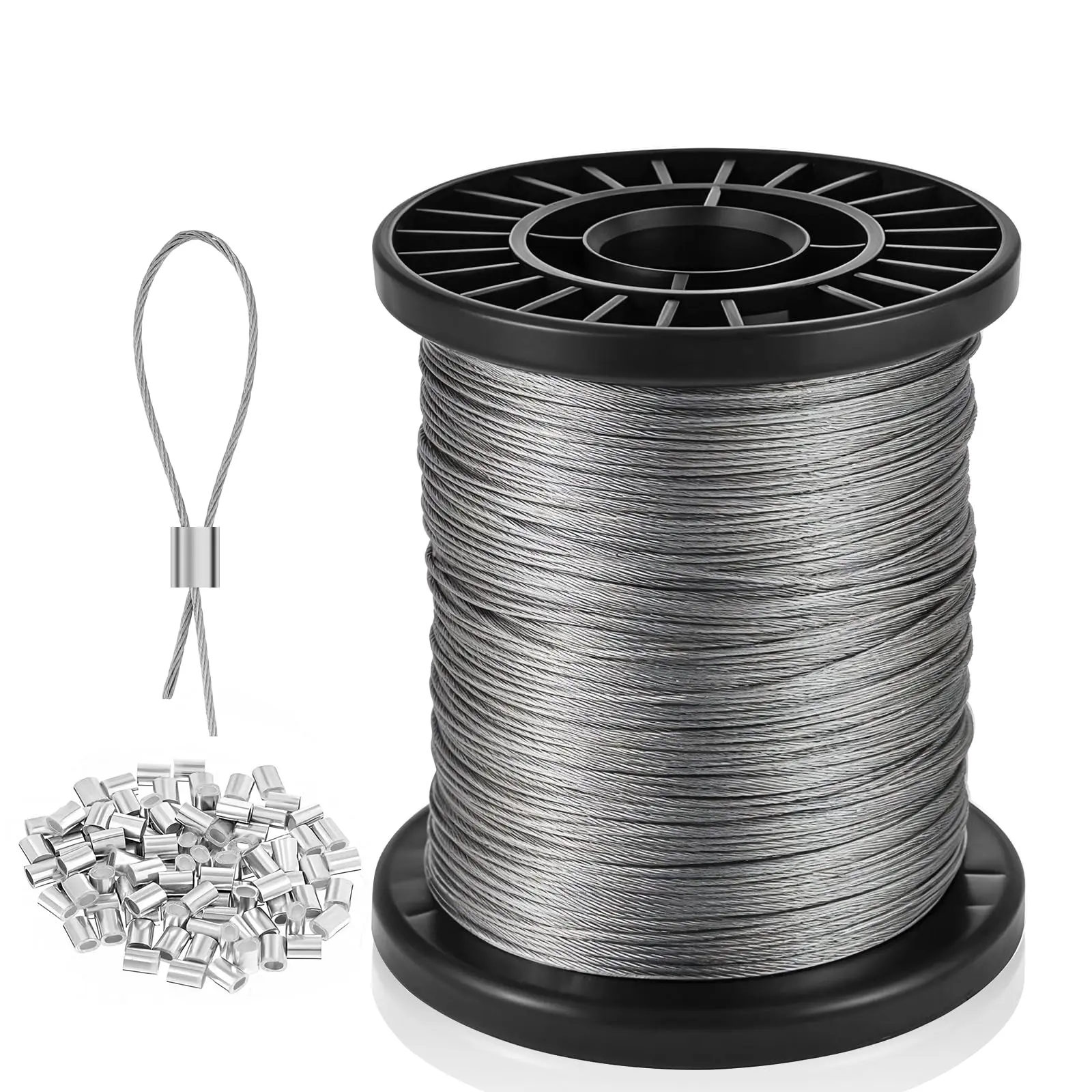 WERHOO 1/32" Wire Rope 316 Stainless Steel Cable for String Lights Hanging, Clotheslines, Trellis Wire, 100ft with 25 Crimp Sleeves, 200ft with 50 Crimp Sleeves, 400ft with 100 Crimp Sleeves, 600ft/800ft/1000ft with 250 Crimp Sleeves