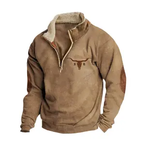 Men's Vintage Western Longhorn 1/4 Zip Sweatshirt - Sherpa Lined Pullover with Suede Elbow Patches