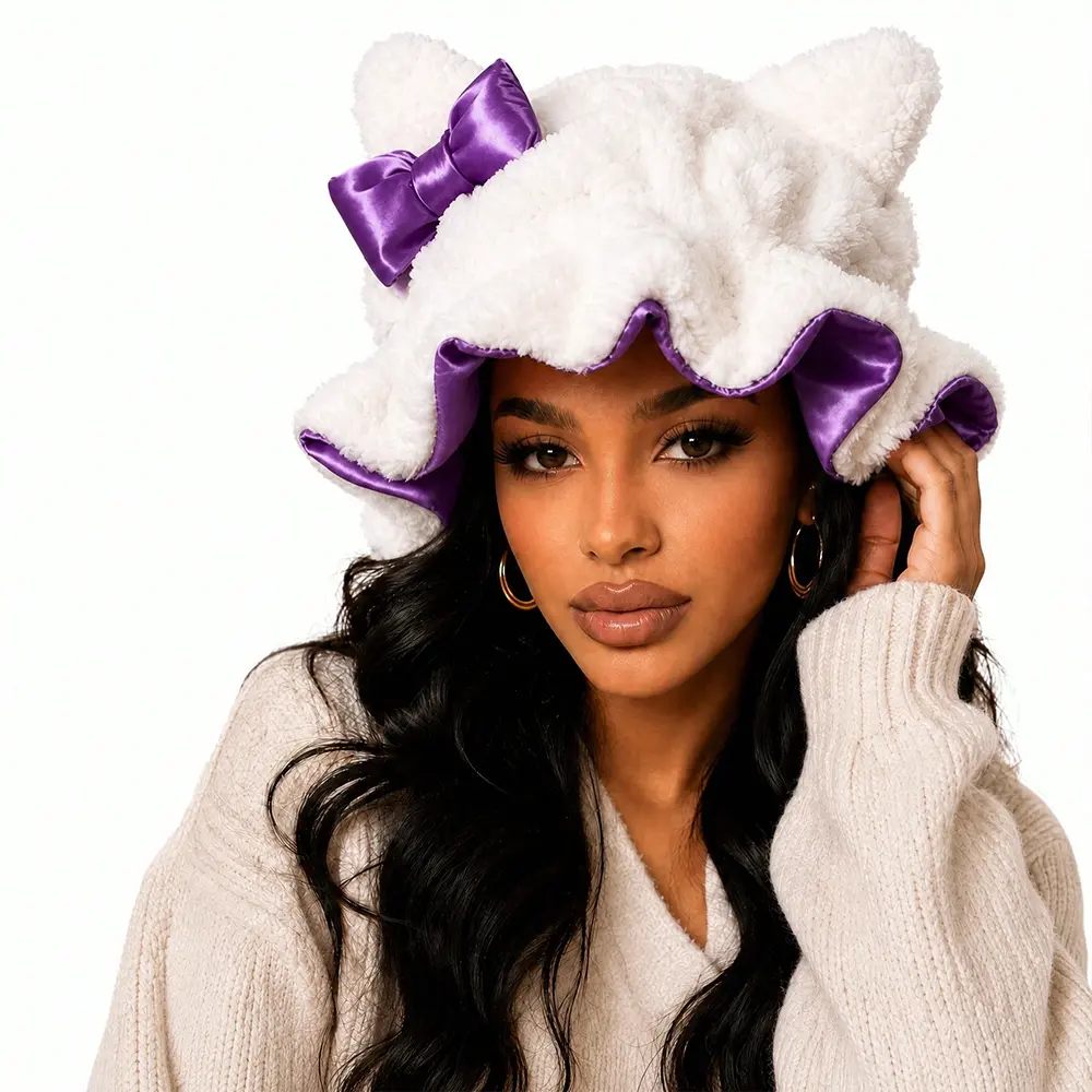 Luxury Fluffy Cute Teddy Plush Silk Bonnet, Double-Sided  Satin Lined, Soft Silky Touch Breathable Hair Bonnet