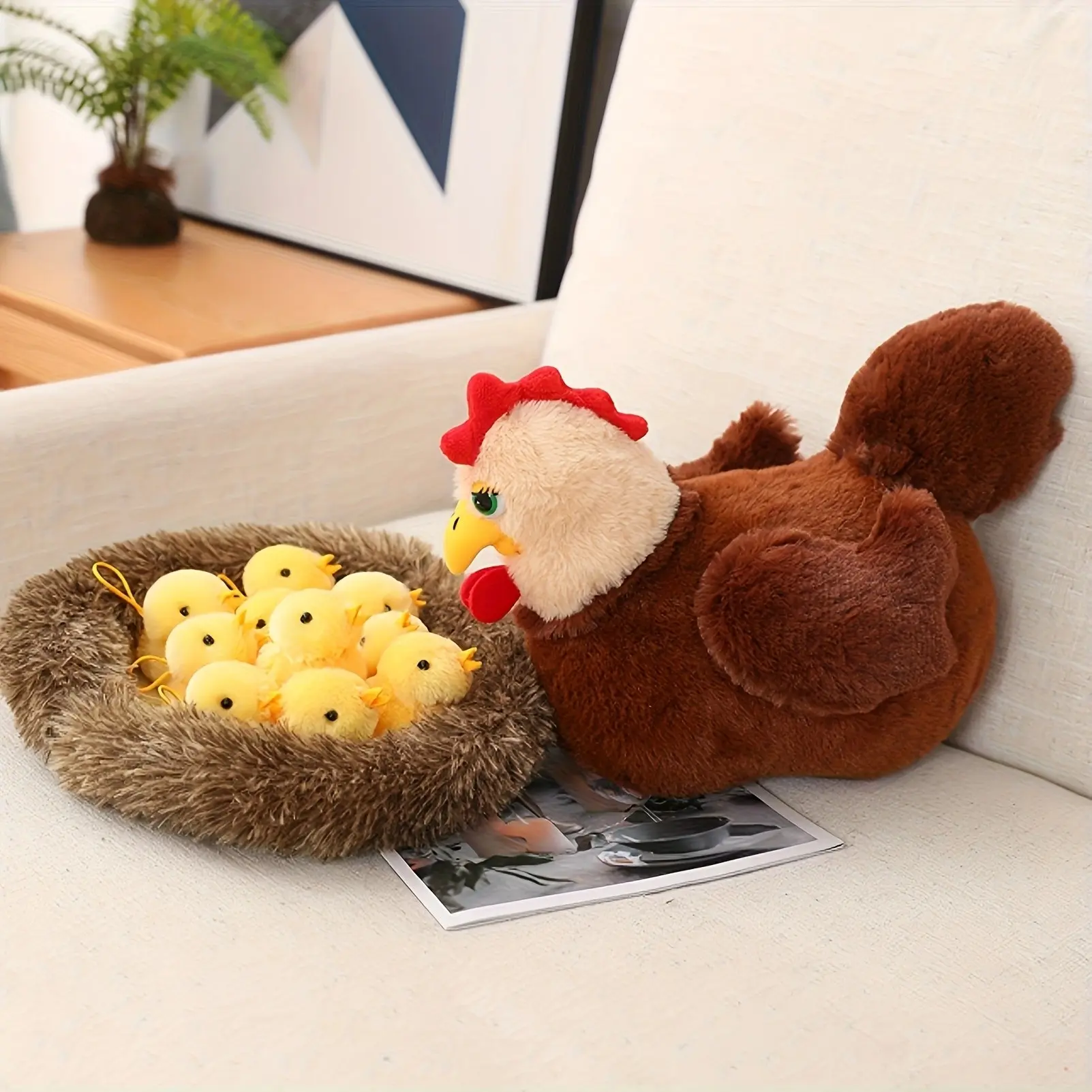 Plush Chicken Mom Farm Hen Toy with Coop & 10 Little Chick Toys, Perfect Birthday Party Surprise Gift, Soft Stuffed Animal Playset