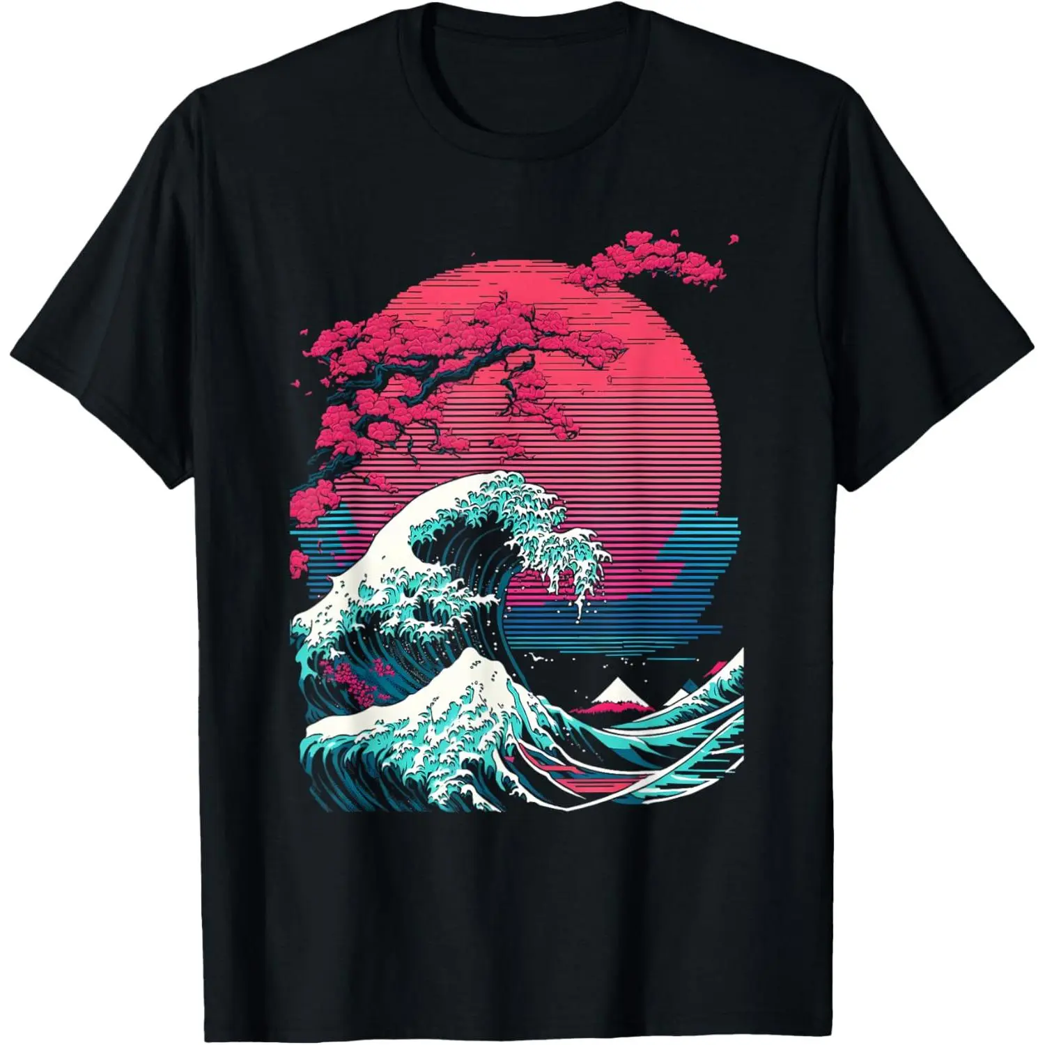 Men's Vaporwave Streetwear Crewneck Tshirt, Great Wave Glitch Print Top in a Breathable Natural Fabric for Sports & Daily Wear, Casual, Cotton, Soft, Glitch Art, Graphic Print, Shortsleeve, Fashion, Menswear, Round Neck, T-Shirt, Wave Motif