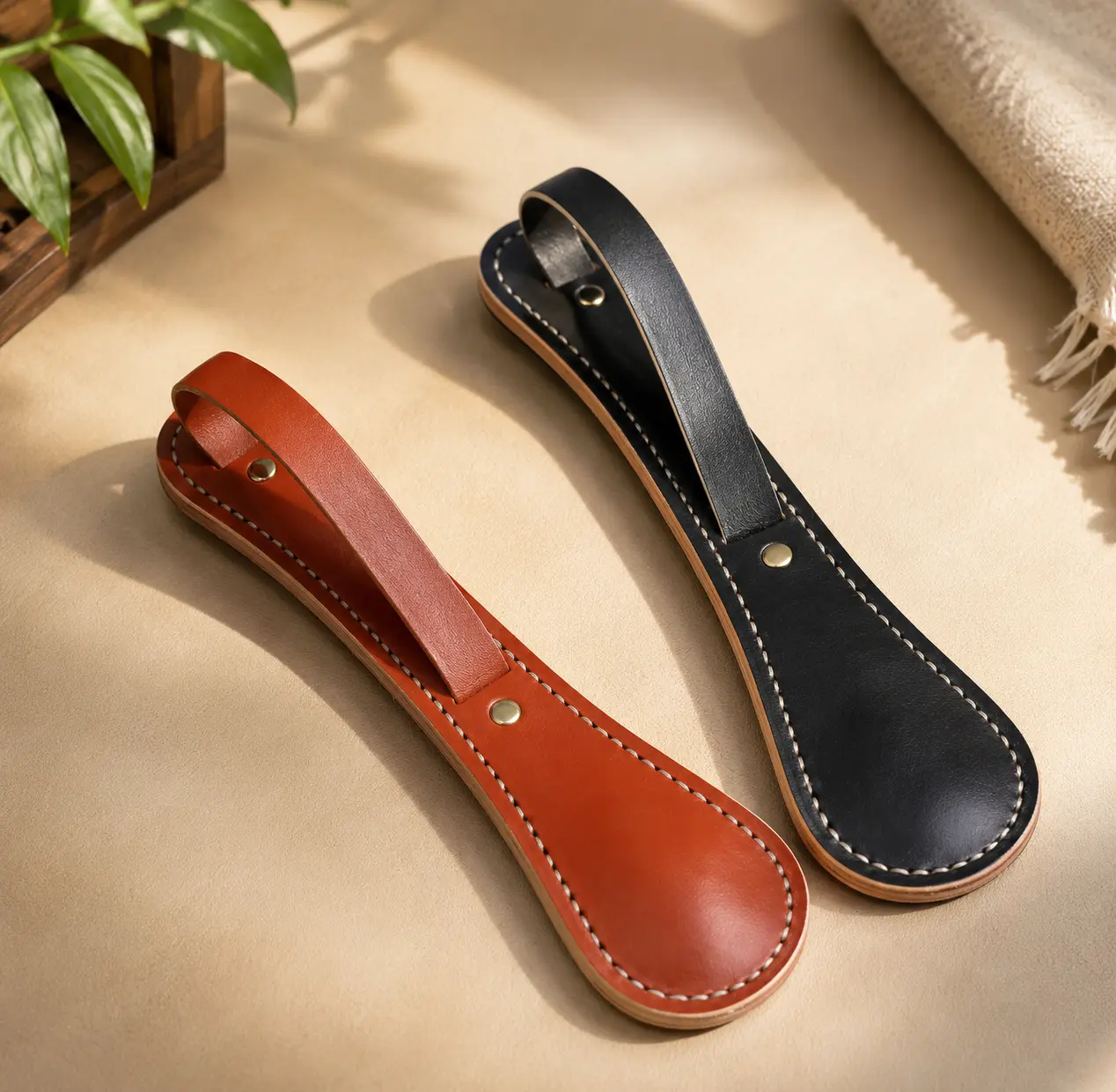 Handmade Lightweight Genuine Cowhide Leather Paddle - Minimalist Home Decor Statue with Durable Stitched Edge Design, Handmade Leather Craftsmanship, Smooth Handle for Daily Carry, Office Display