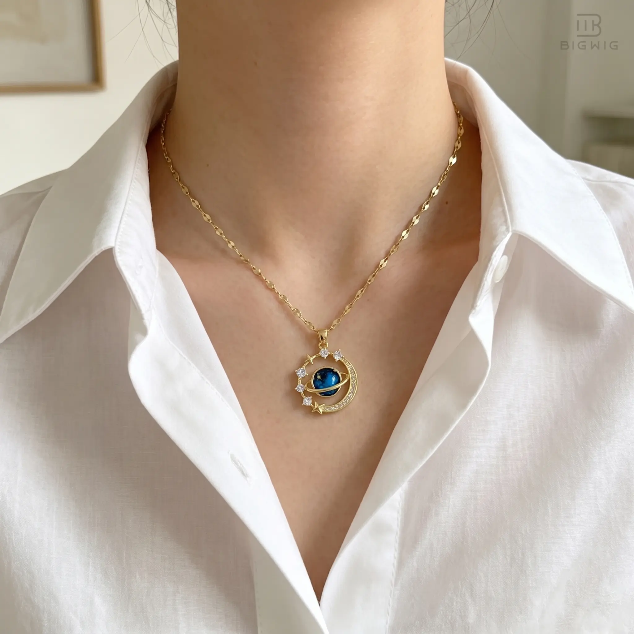 1pc Celestial Planet Necklace for Women, Gold Plated Moon and Star Gemstone Pendant Necklace, Elegant Night Sky Jewelry for Women, Summer Beach Vacation & Daily Wear Theme Accessory, Mother's Day Gift for Her