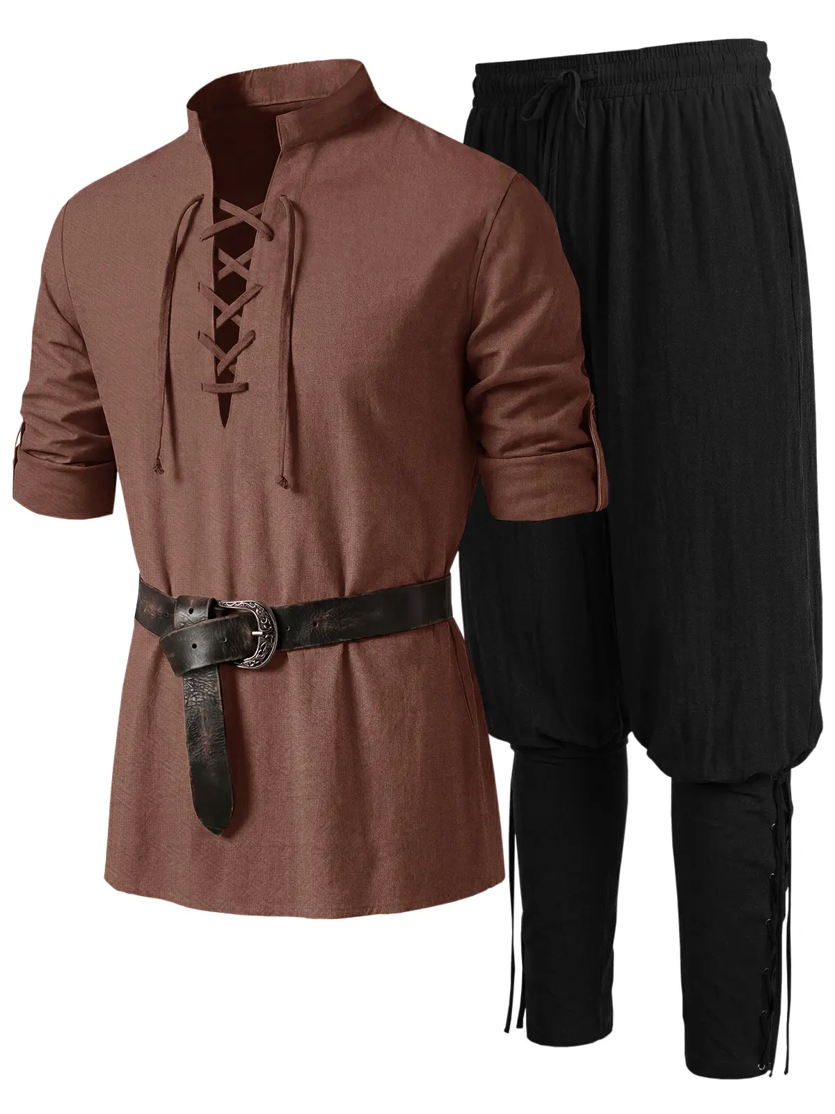 Runcati Mens Pirate Costume 2 Peice Set Renaissance Medieval Lace Up Shirt Viking Ankle Banded Pants Halloween Cosplay Outfit